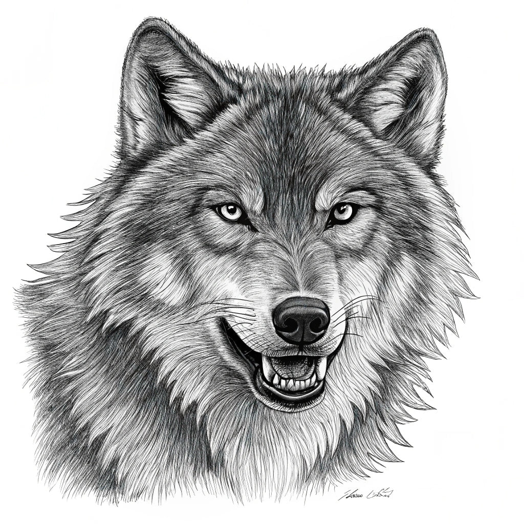 A close up illustration of black and white wolf's heaad