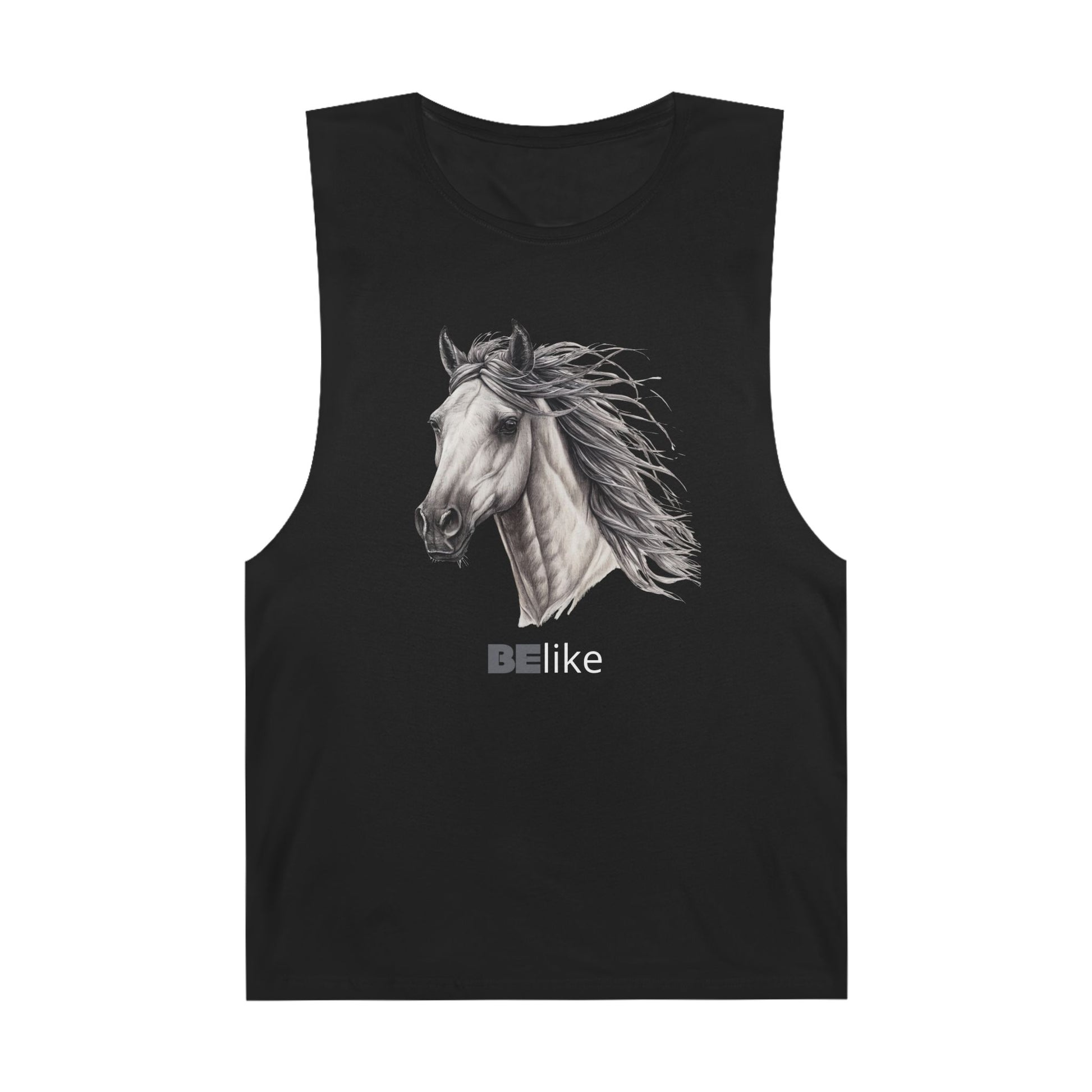 BElike the Horse black tank top with minimalist design