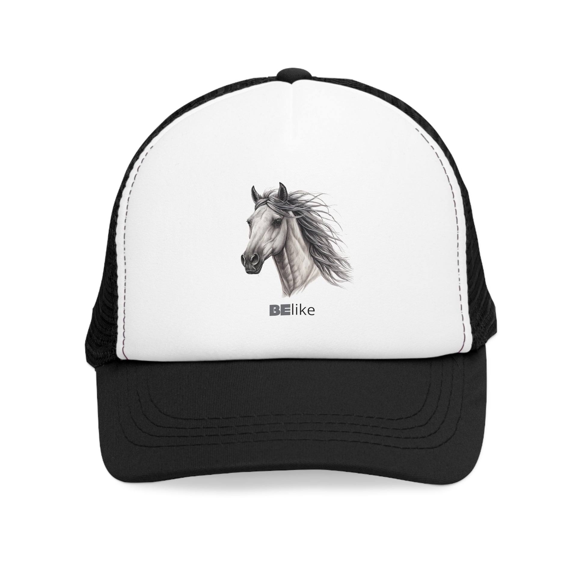 BElike the Horse trucker cap with black-and-white horse design