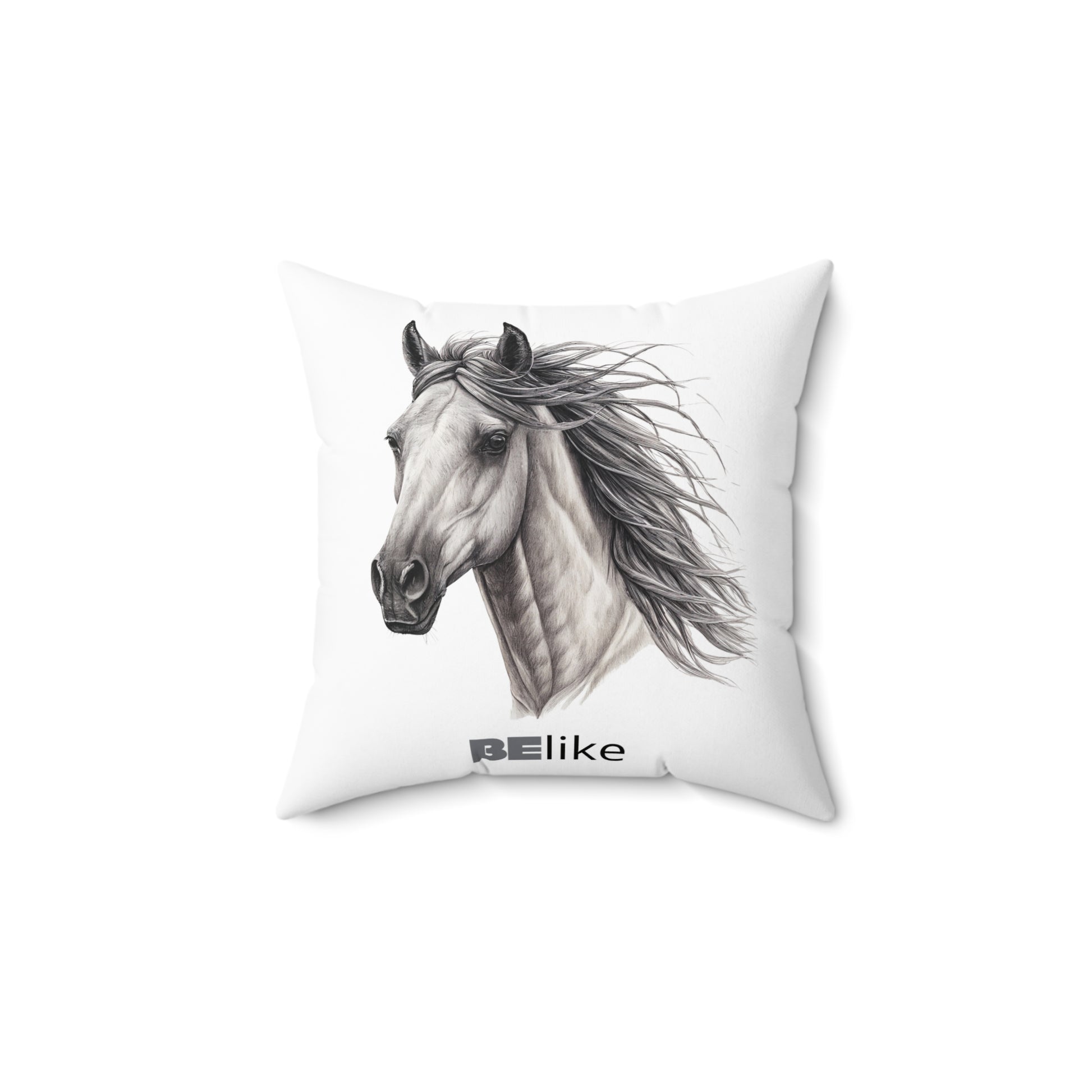 BElike the Horse throw pillow with black-and-white illustration