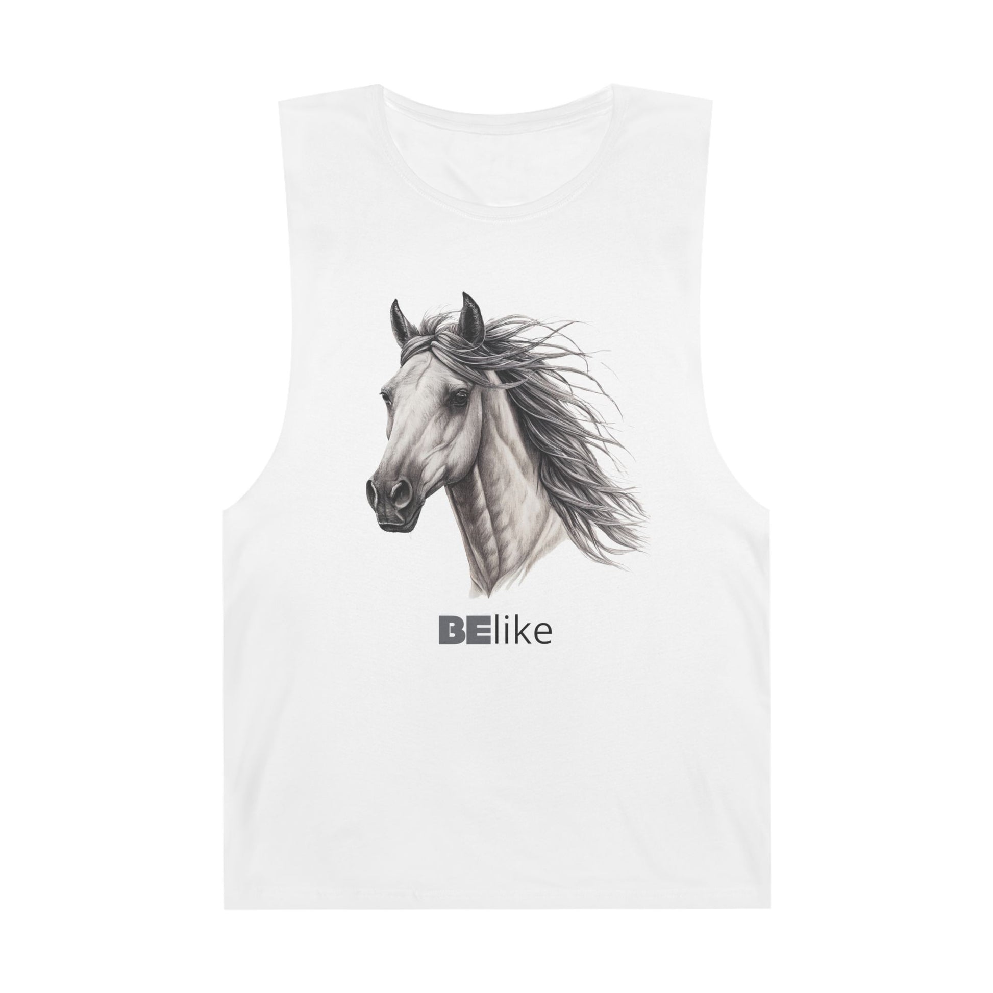 BElike the Horse white tank top with minimalist horse illustration