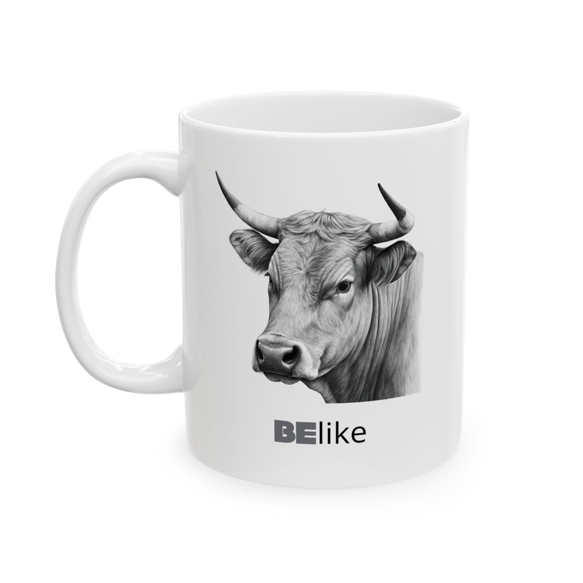 White ceramic mug with bull spirit design