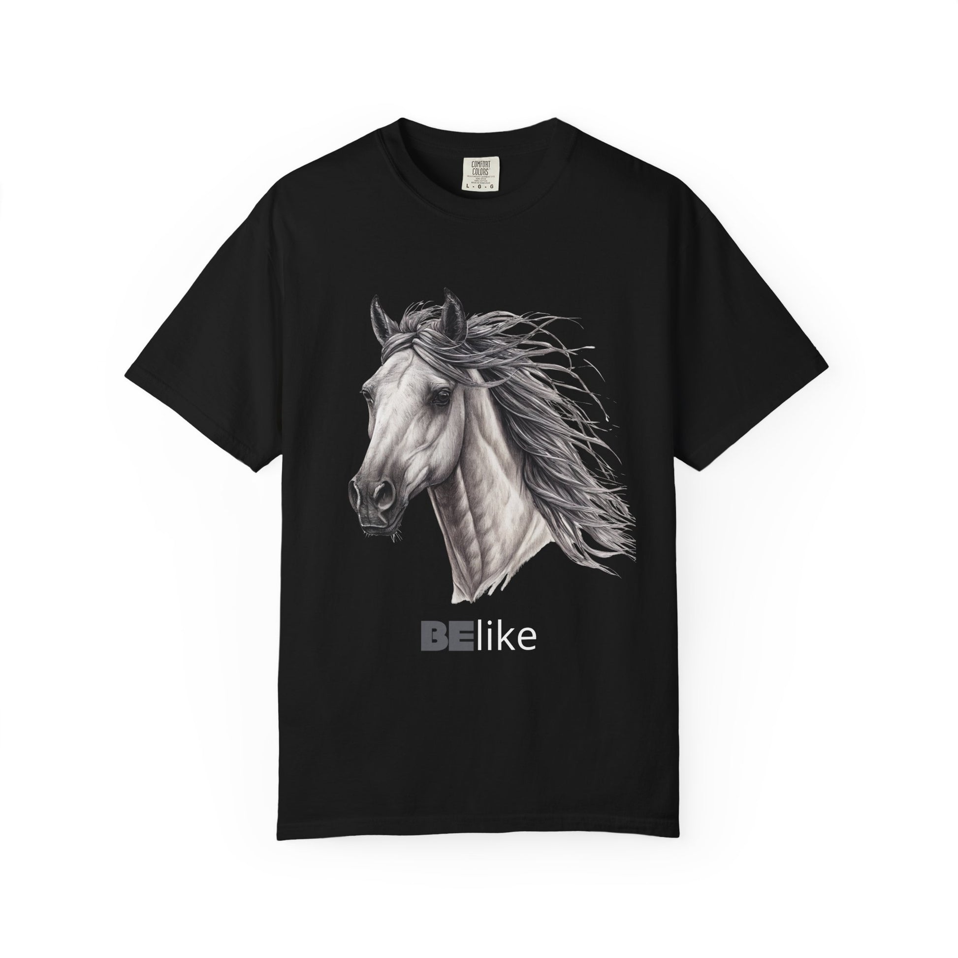 Unisex black t-shirt with horse design and quote Move with power and grace