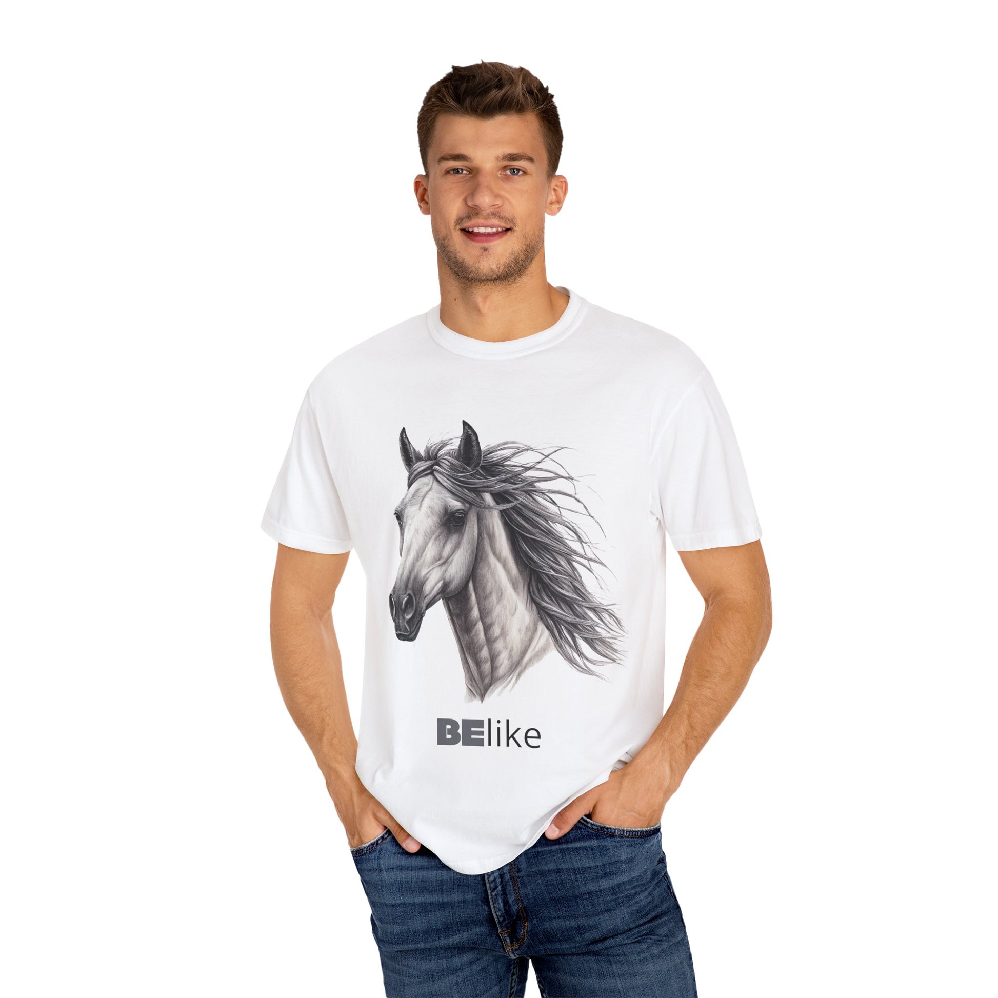 Garment-dyed t-shirt with horse illustration and motivational quote