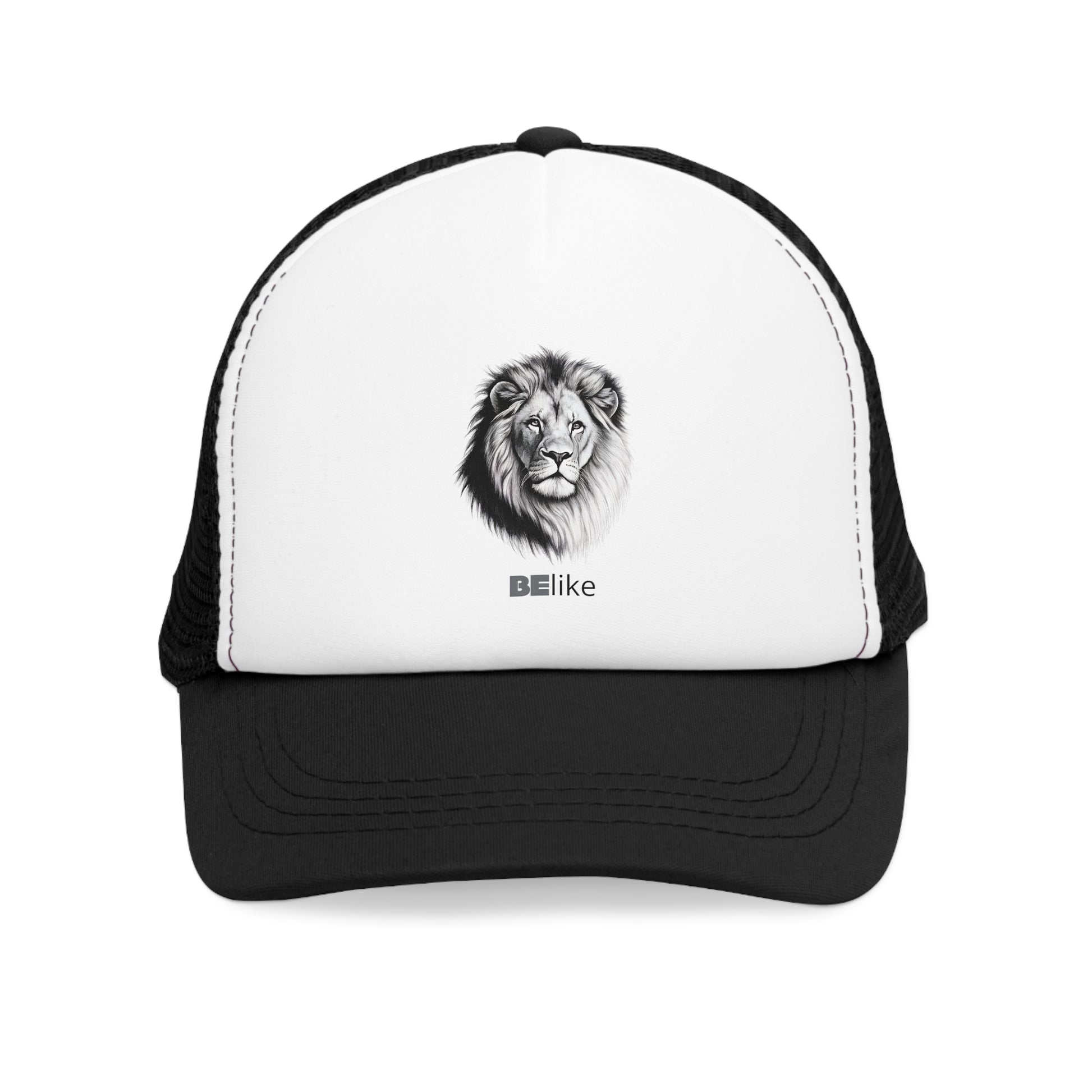 Minimalist lion design on black and white trucker cap