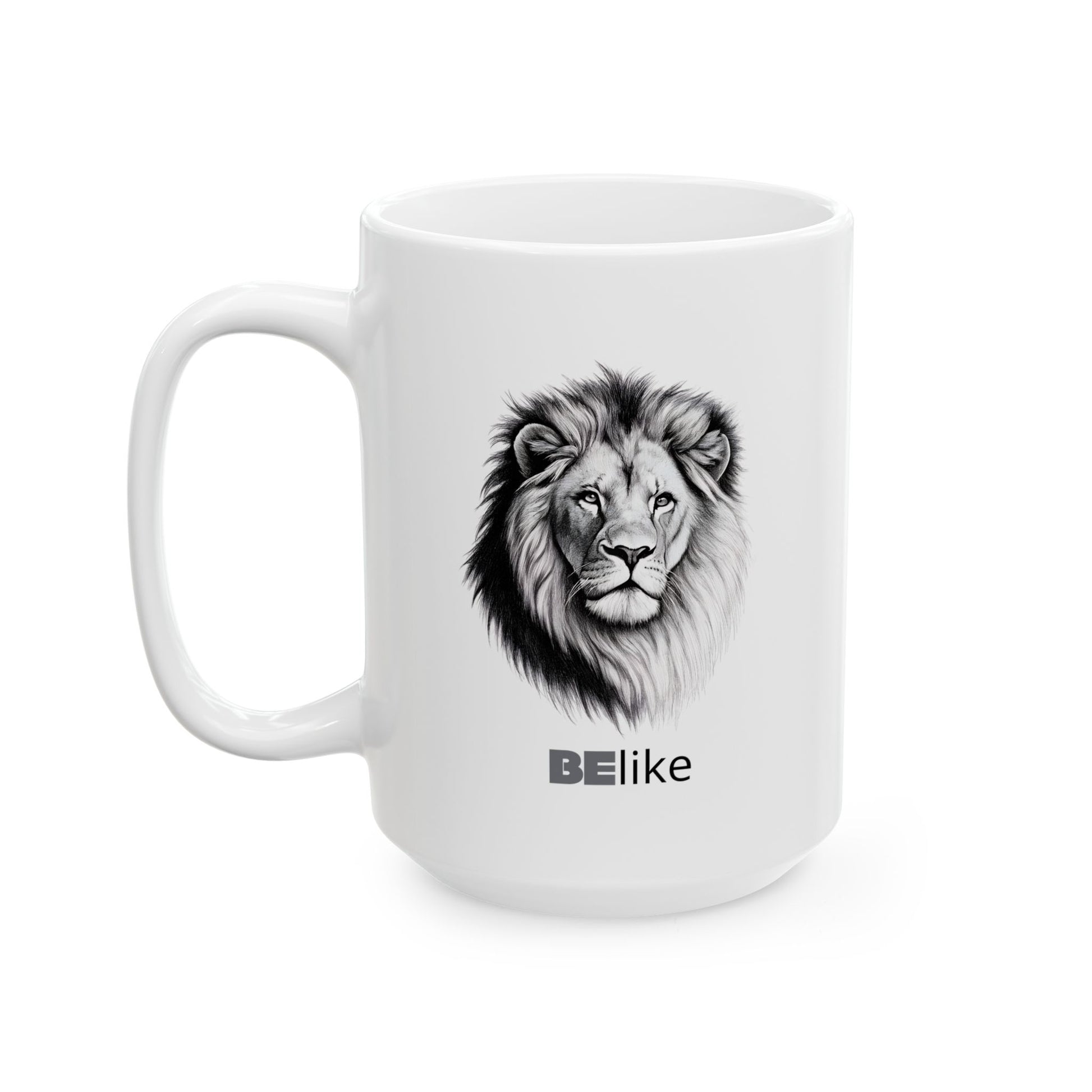 Bold black-and-white lion art on white ceramic mug