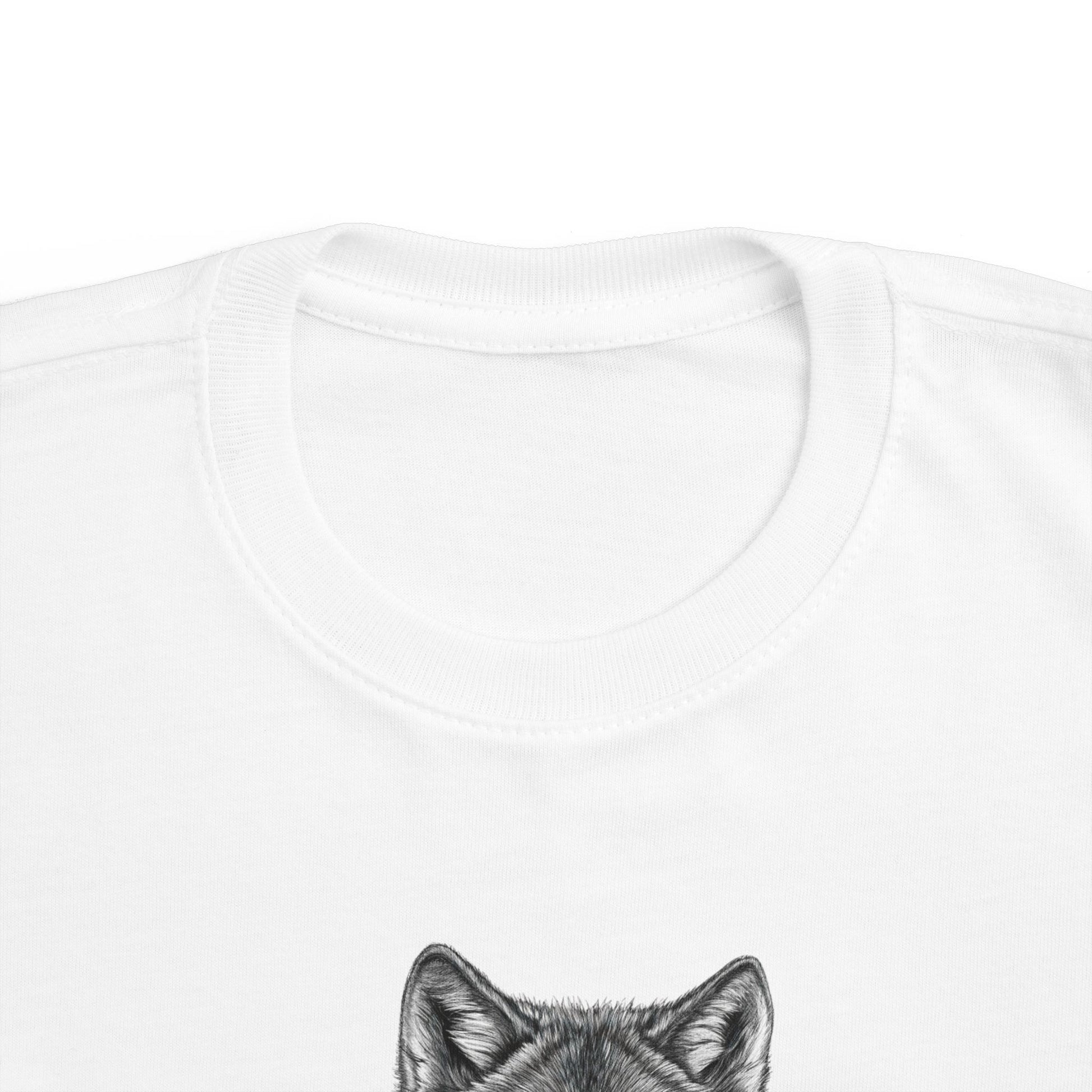 White Toddler T-shirt with Black Wolf Design Neck Close-up