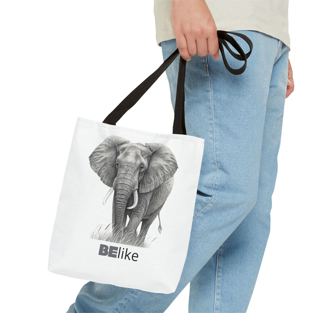 Black-and-white elephant artwork on tote
