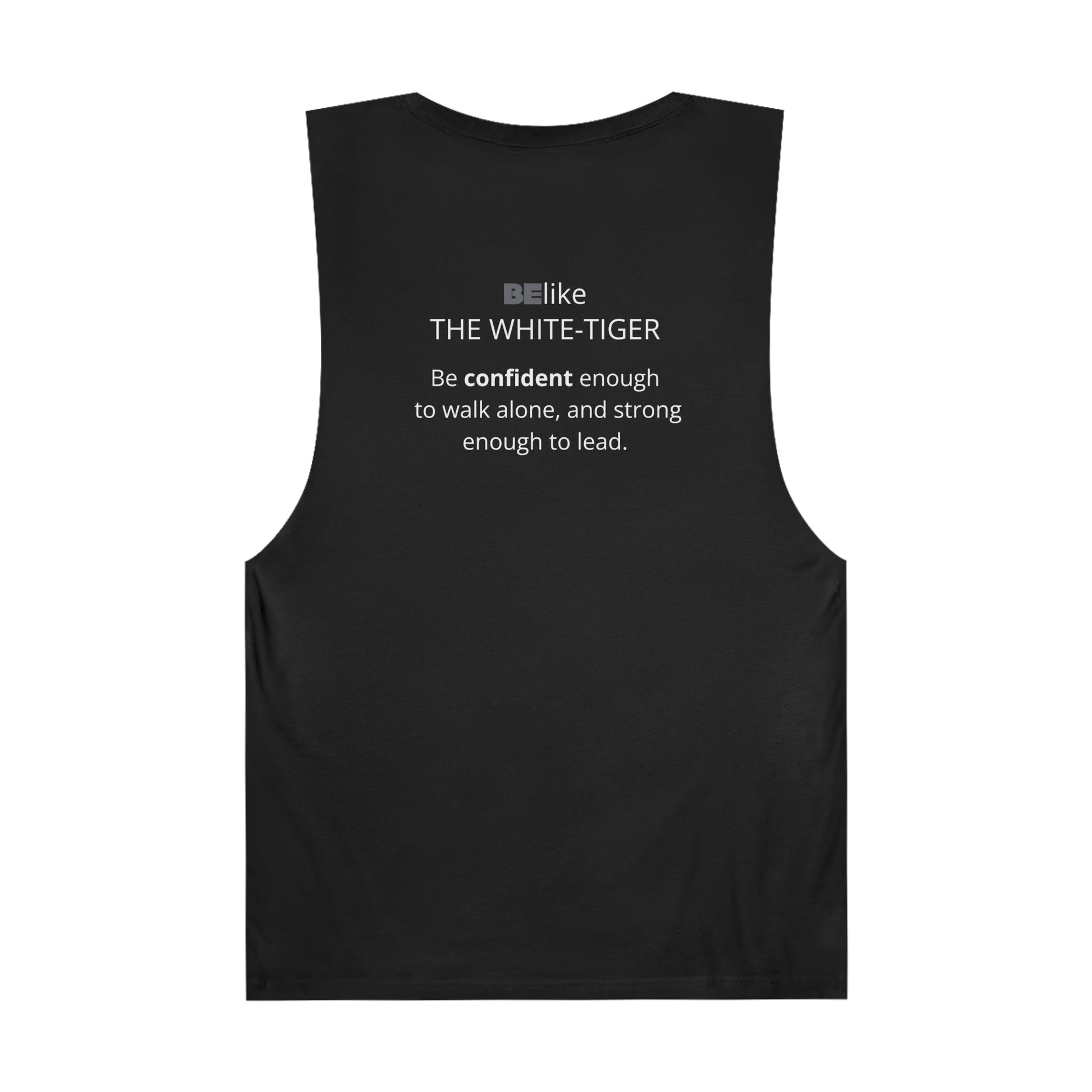 Black tank top with white tiger design and quote