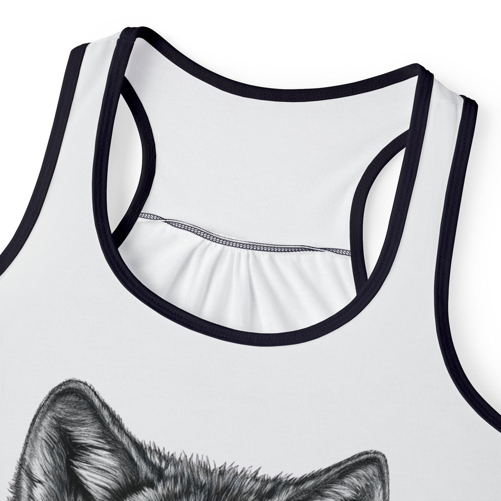 Close-up of BElike the Wolf Women's Tank Top – Minimalist Wolf Illustration and Black Trim