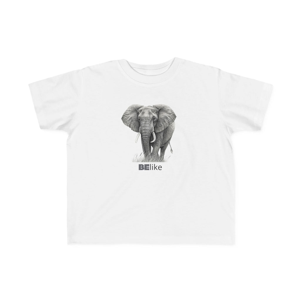 Empowering white toddler shirt with black elephant artwork