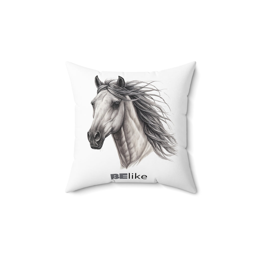 BElike the Horse throw pillow with black-and-white illustration