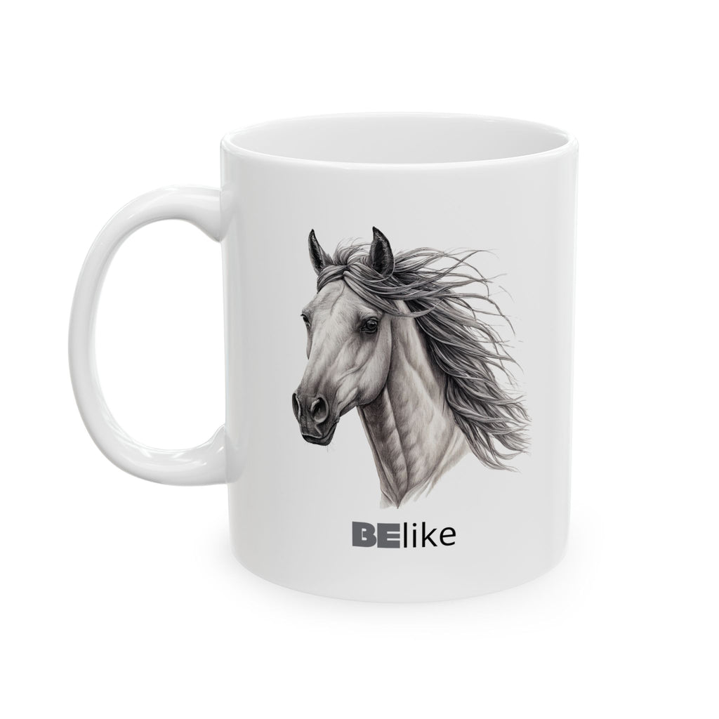 BElike the Horse white ceramic mug with minimalist horse design