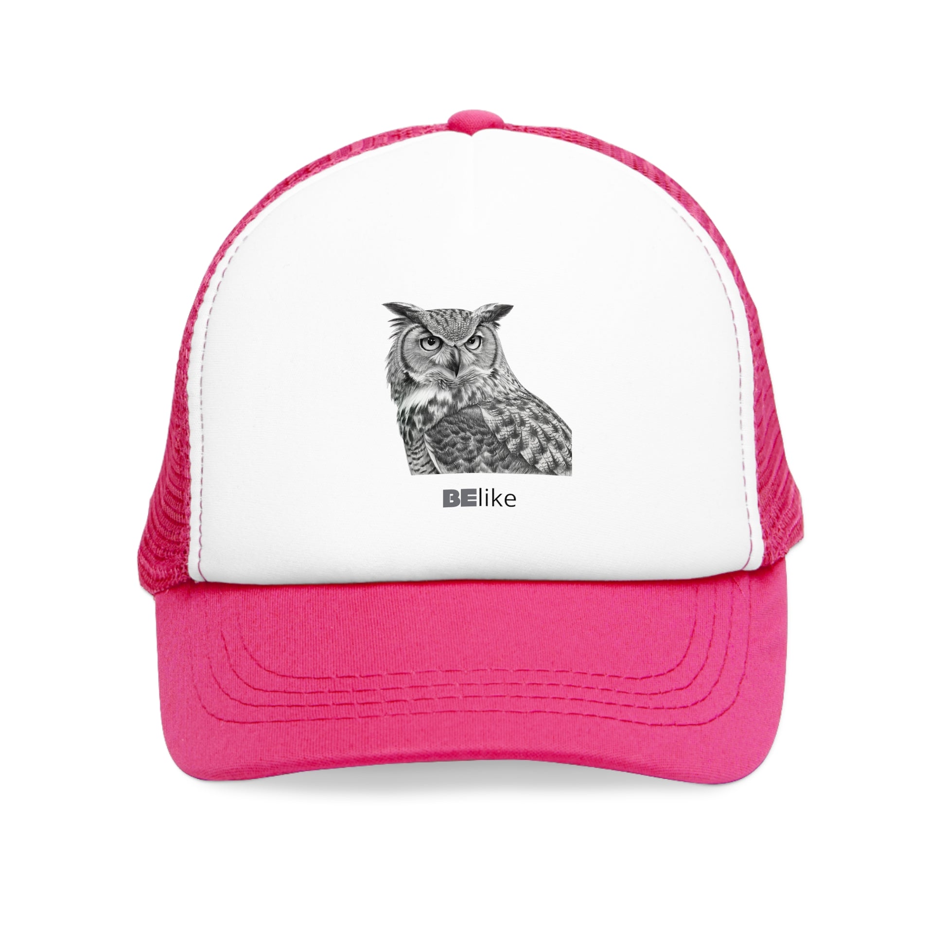 Minimalist owl design on mesh cap