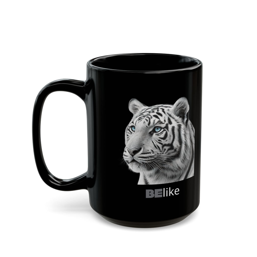Minimalist white tiger artwork on black mug