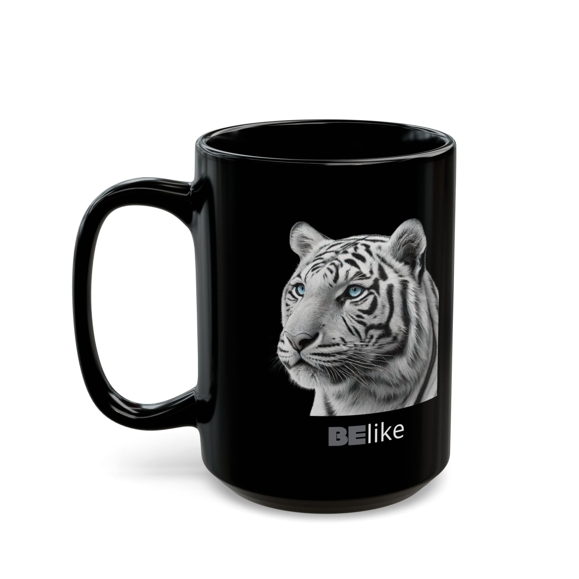 Minimalist white tiger artwork on black mug