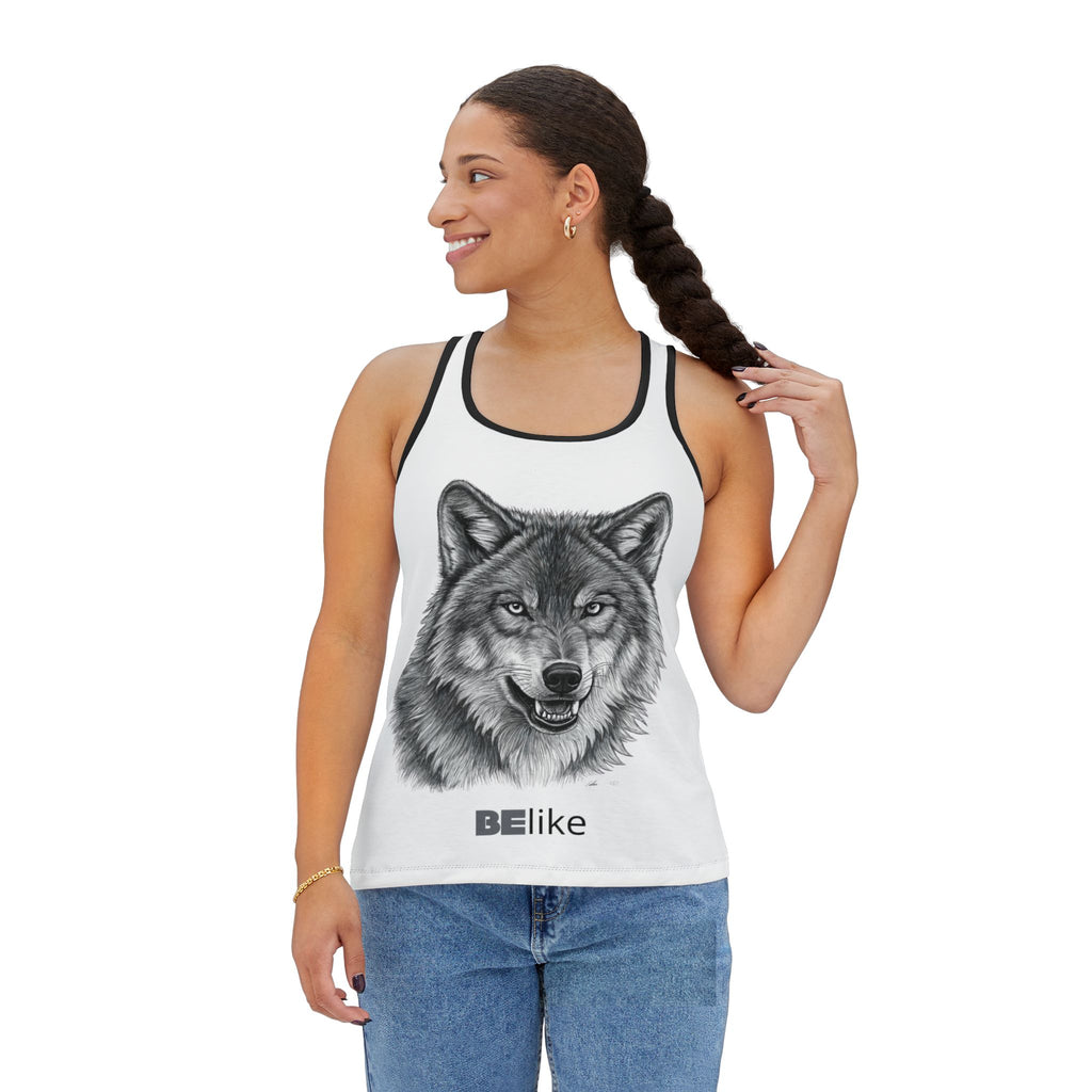 Model wearing BElike the Wolf Women's White Tank Top with Black Wolf Illustration