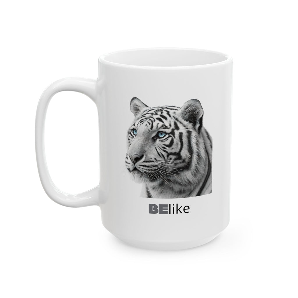 Motivational white mug with white tiger design