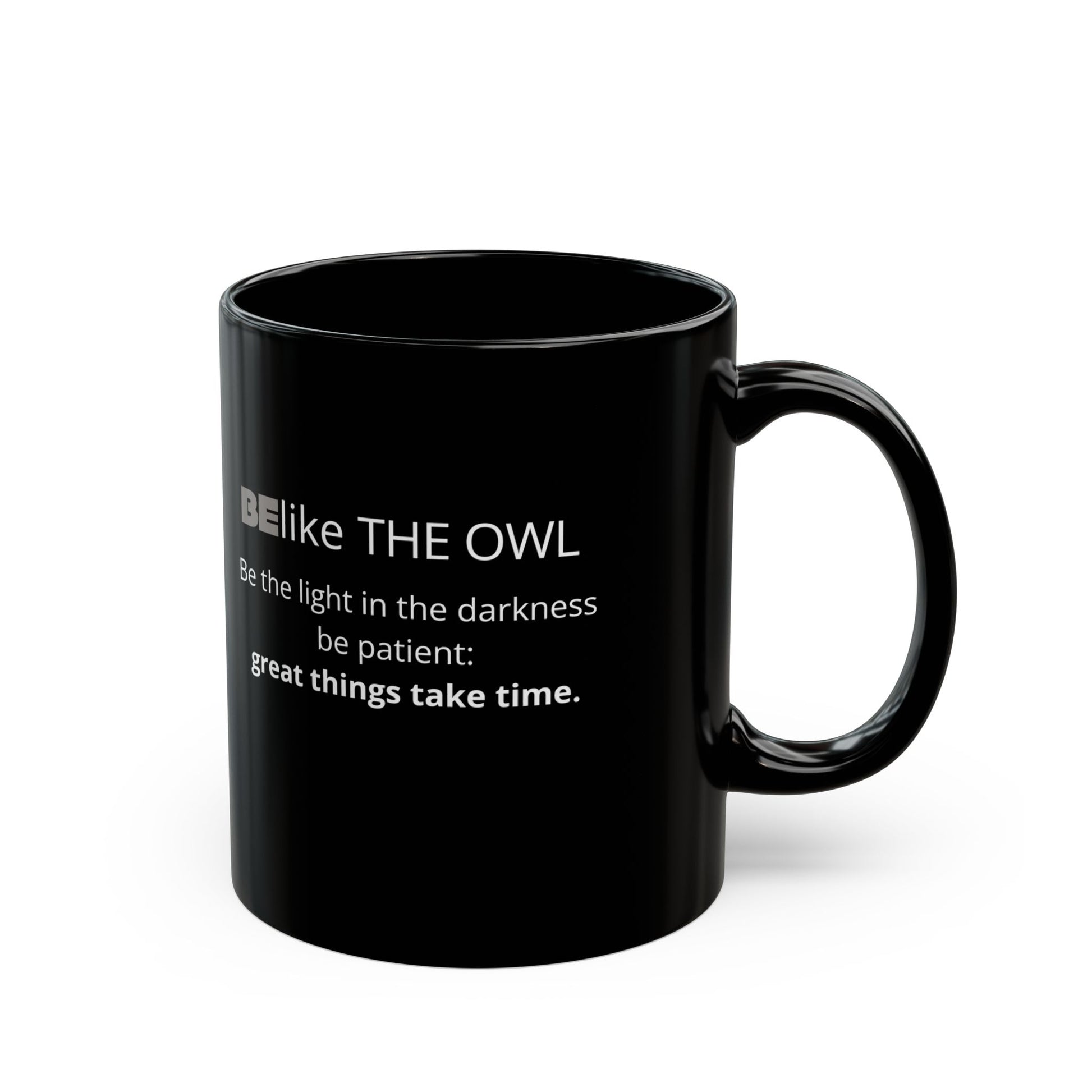 Spiritual owl black coffee cup with message