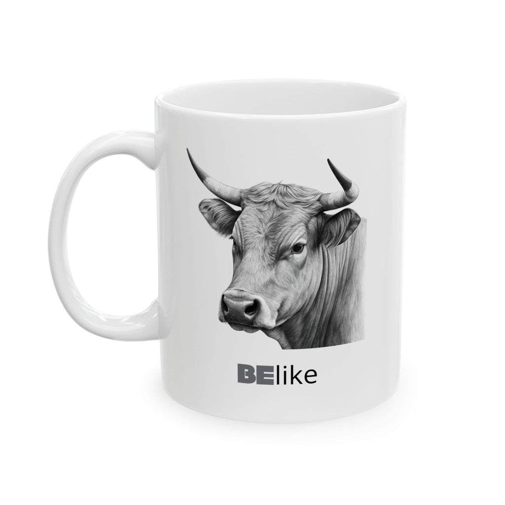 White ceramic mug with bull spirit design
