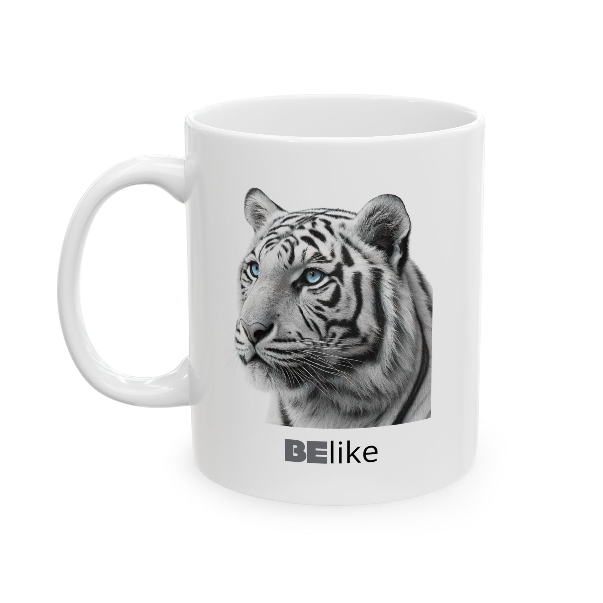 White ceramic mug with white tiger artwork and quote