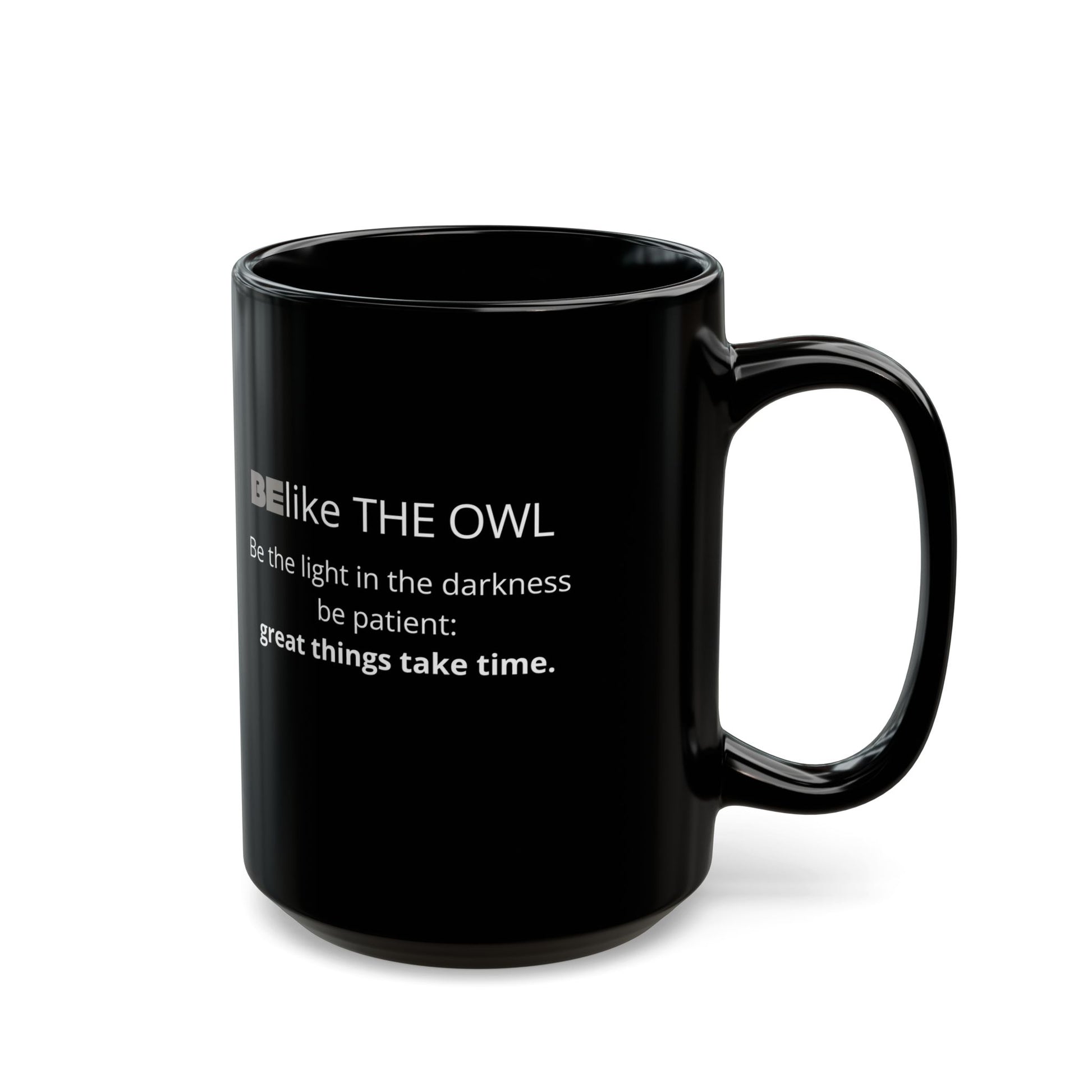 Ceramic black mug with minimalist owl design
