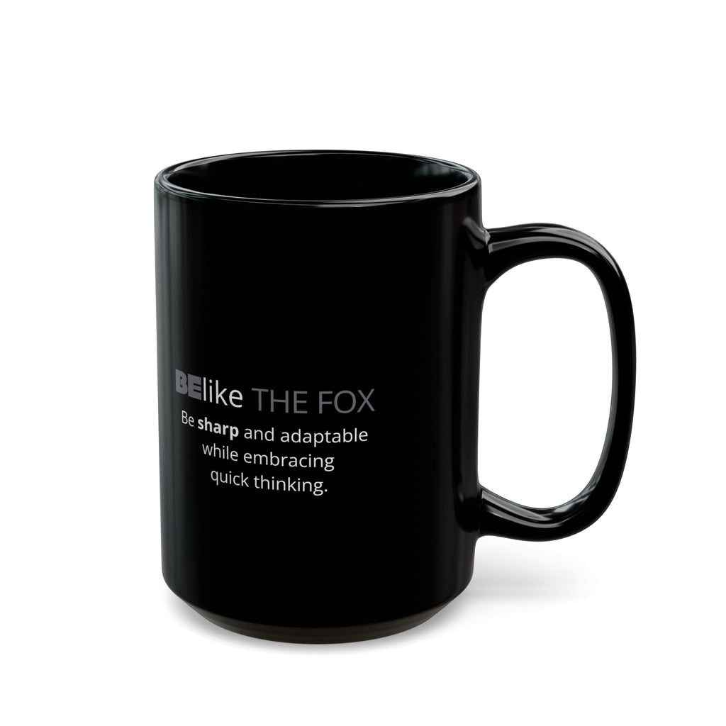 Black ceramic mug with fox illustration and quote – BElike the Fox