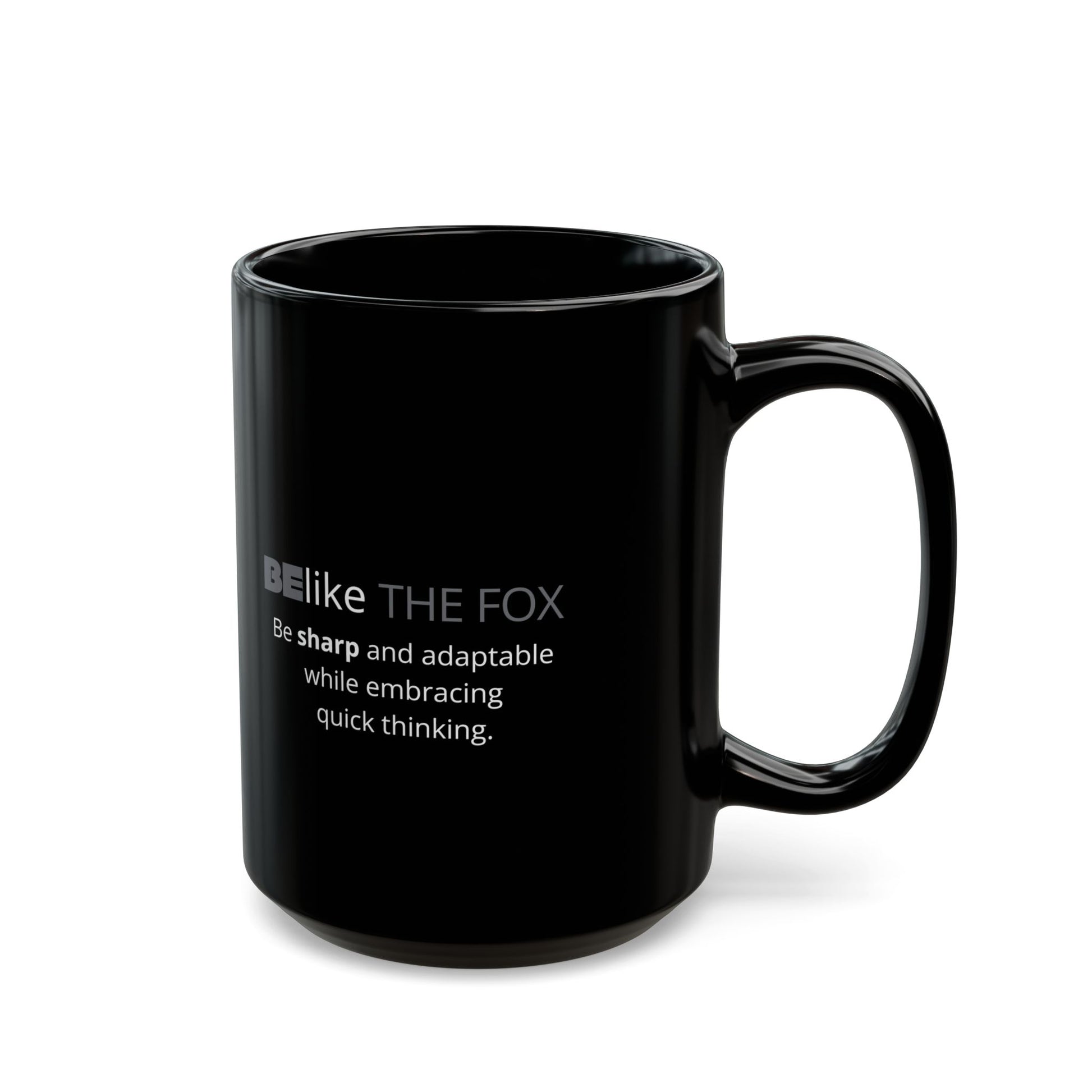 Black ceramic mug with fox illustration and quote – BElike the Fox