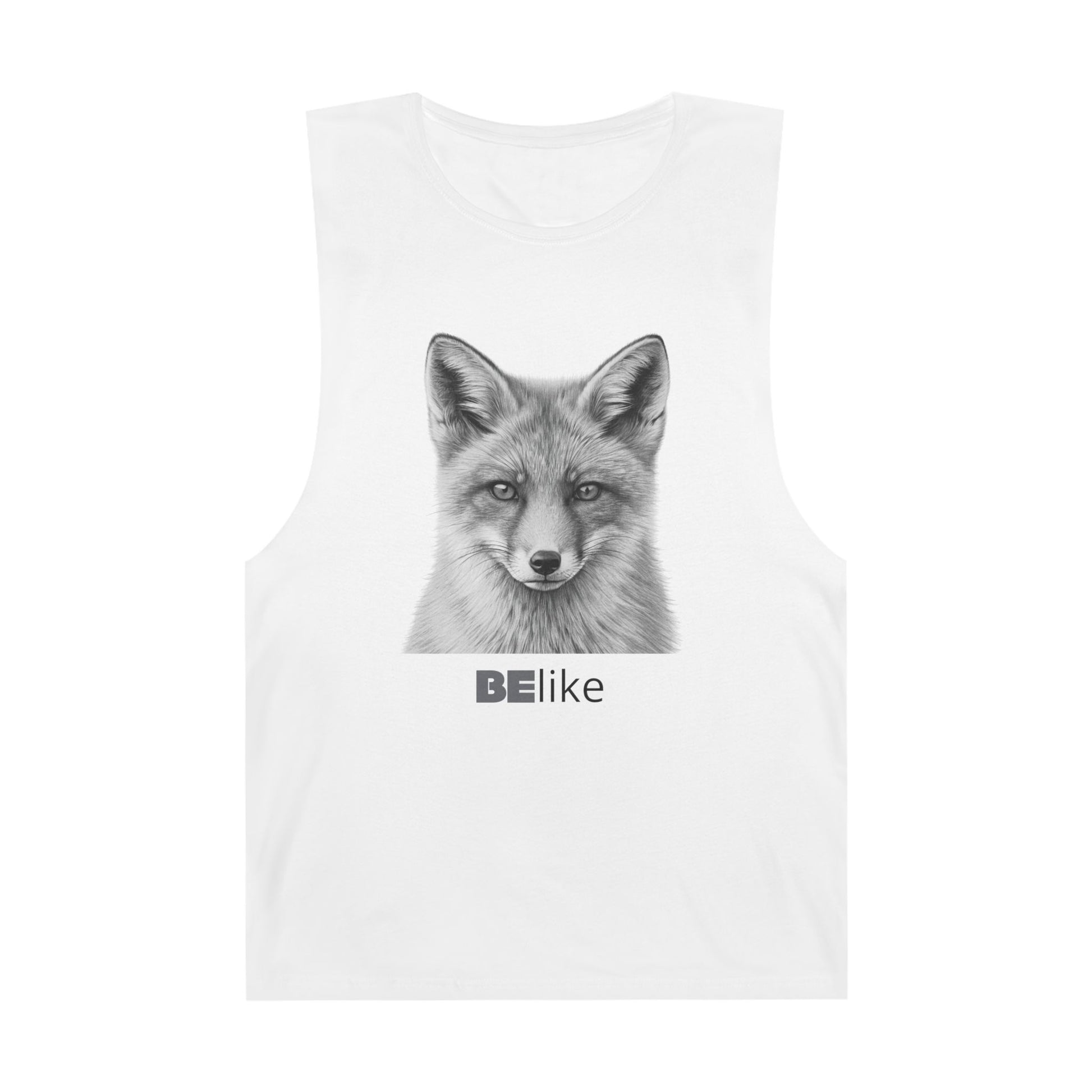 Unisex white tank top with minimalist fox illustration and quote