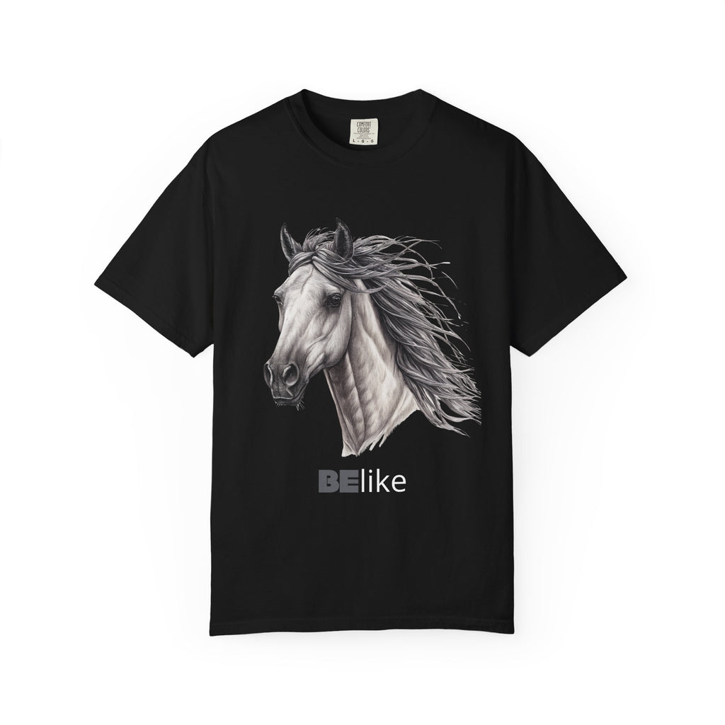 Unisex black t-shirt with horse design and quote Move with power and grace
