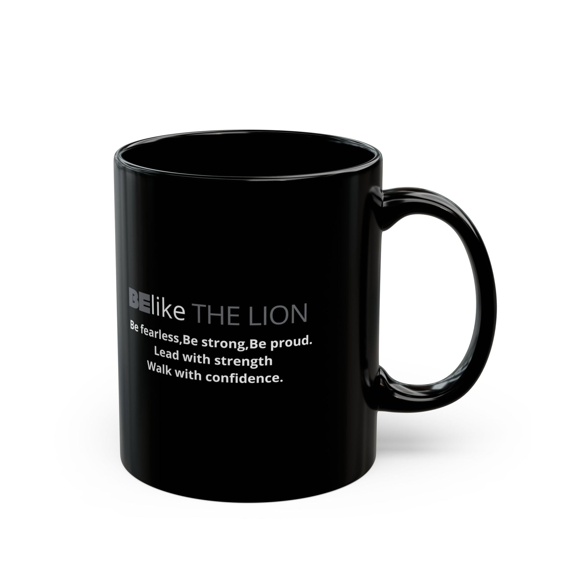 Minimalist white lion design black ceramic mug motivational quote