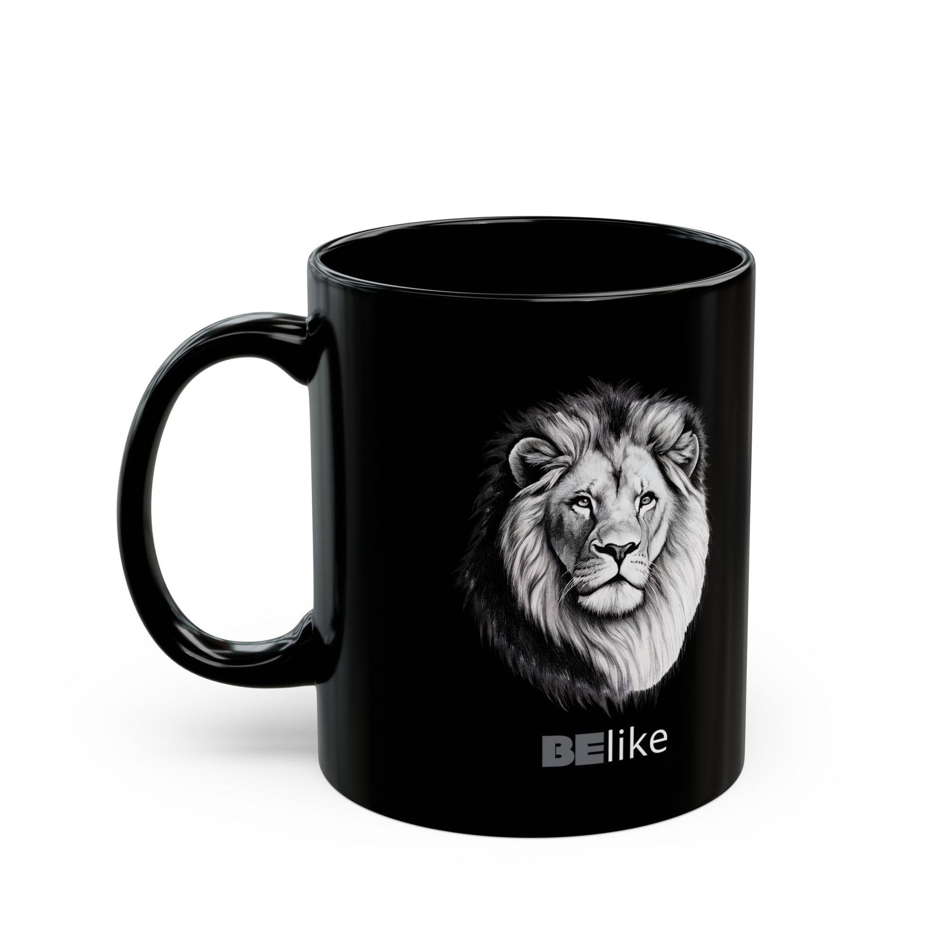 Inspirational black mug with lion spirit animal illustration