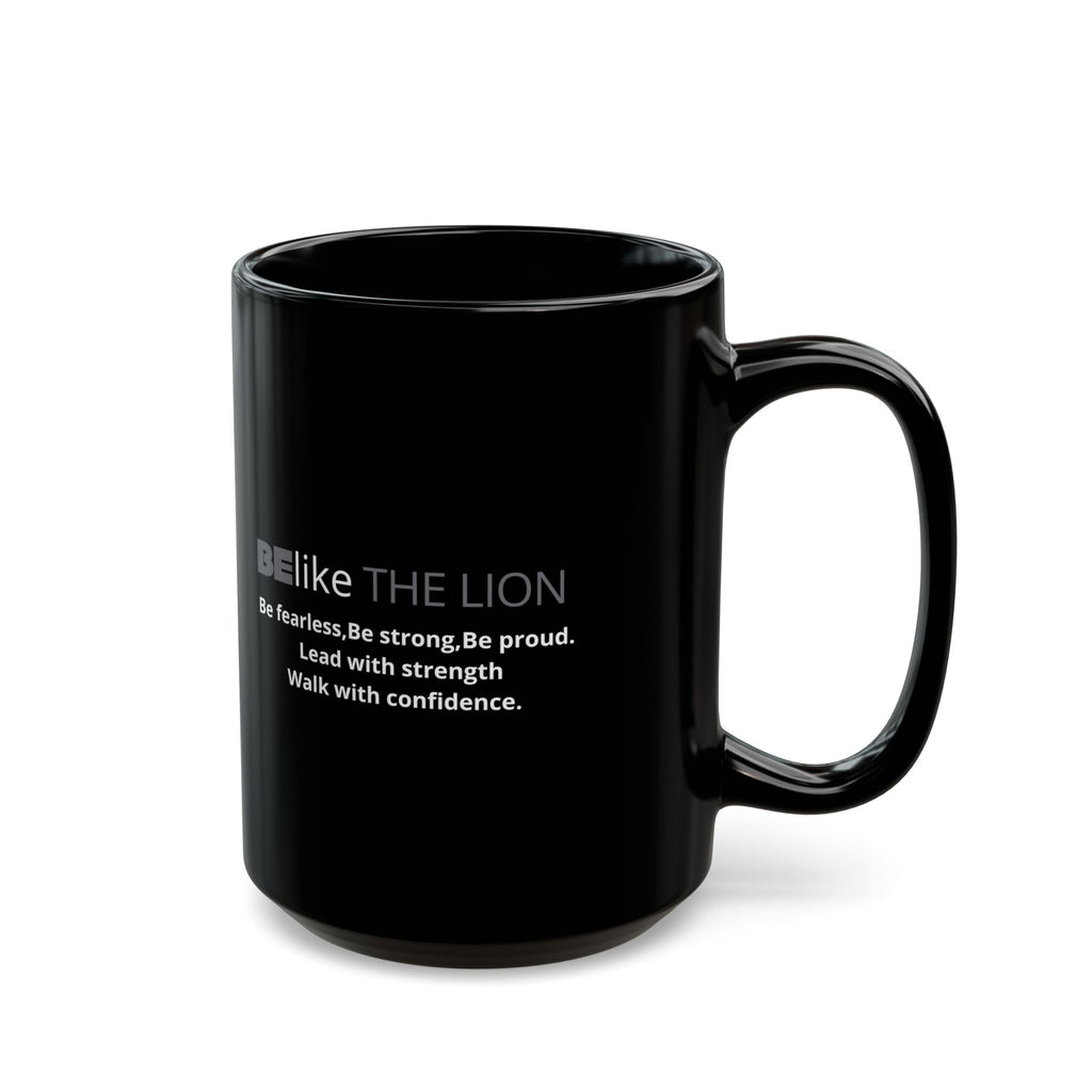 Bold lion spirit animal design on black ceramic mug