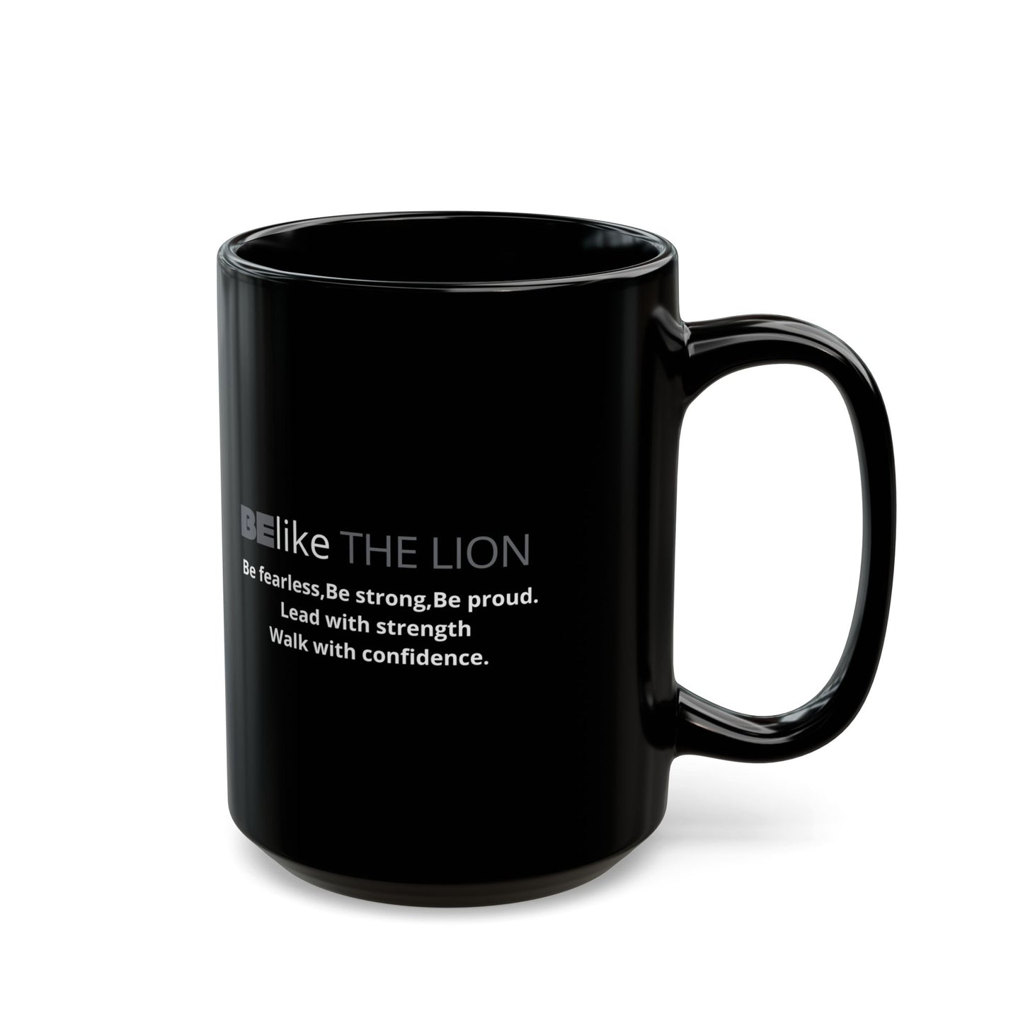 Bold lion spirit animal design on black ceramic mug