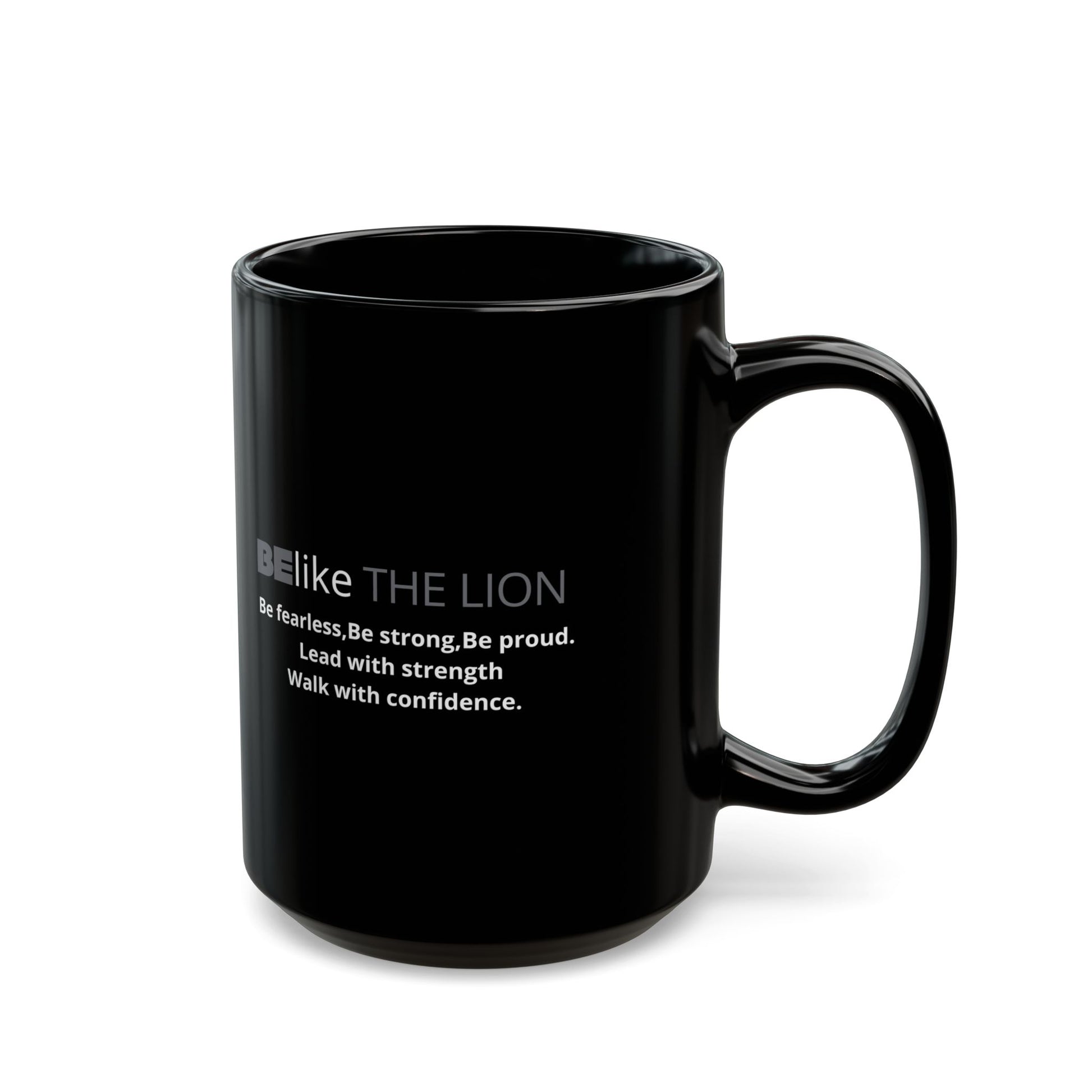 Bold lion spirit animal design on black ceramic mug