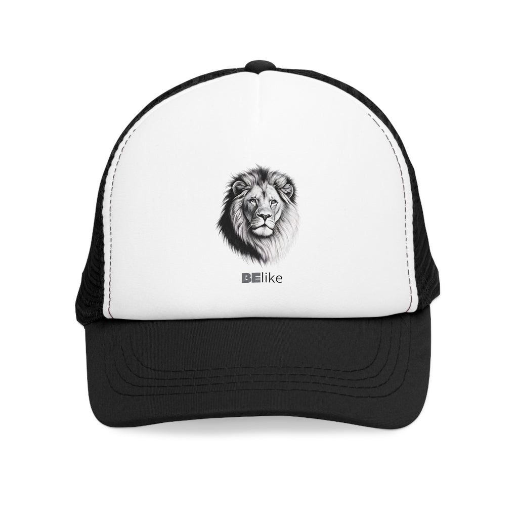 Minimalist lion design on black and white trucker cap