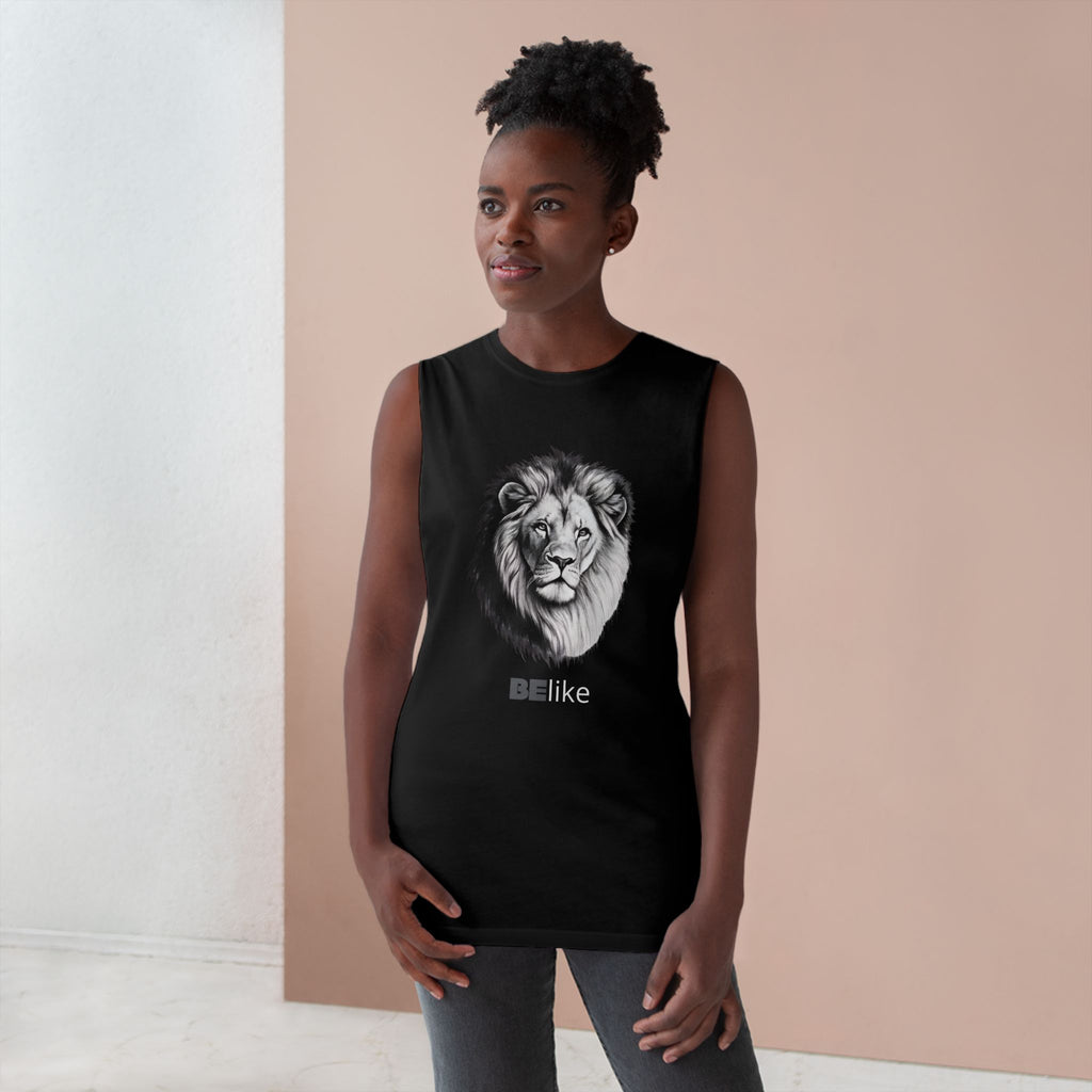 Minimalist white lion illustration on black athletic tank top