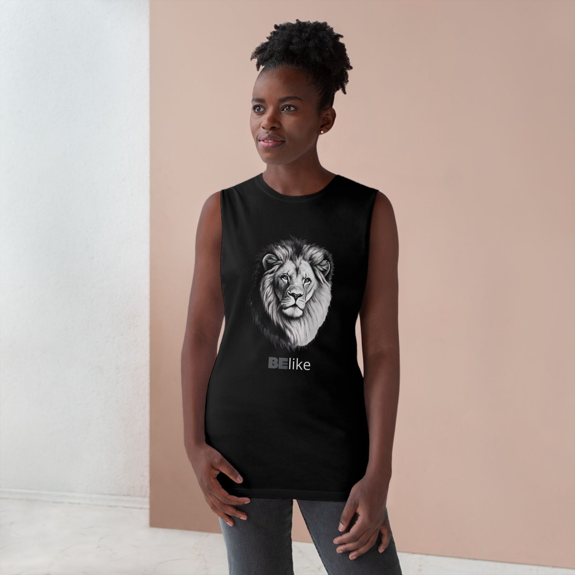 Minimalist white lion illustration on black athletic tank top