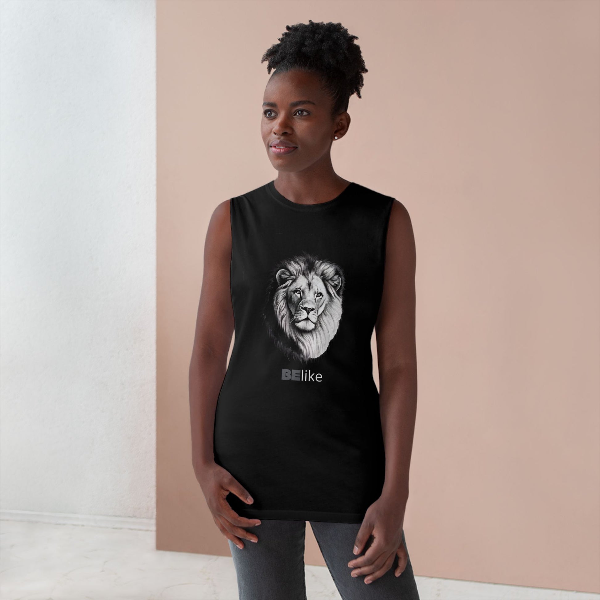 Minimalist lion illustration on black athletic tank top