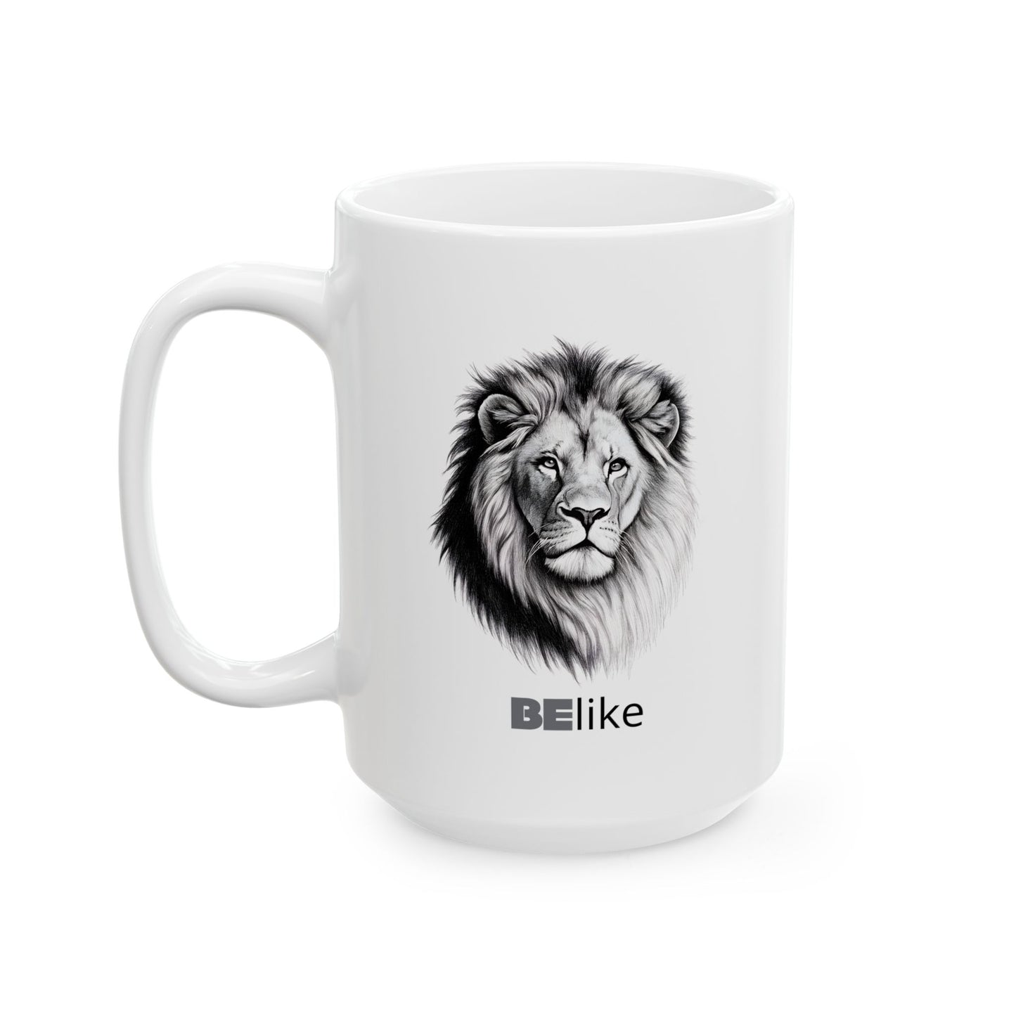 Bold black-and-white lion art on white ceramic mug
