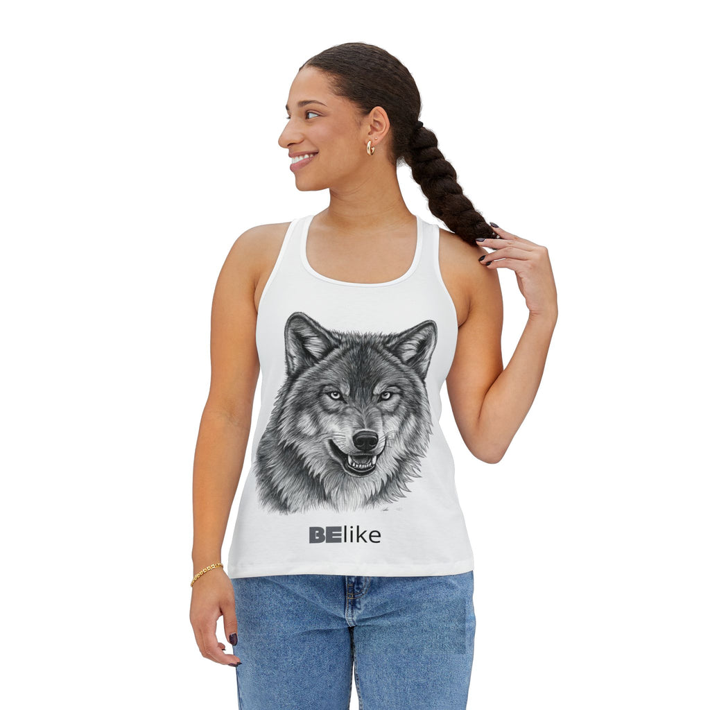 model wearing wolf woman's tank top