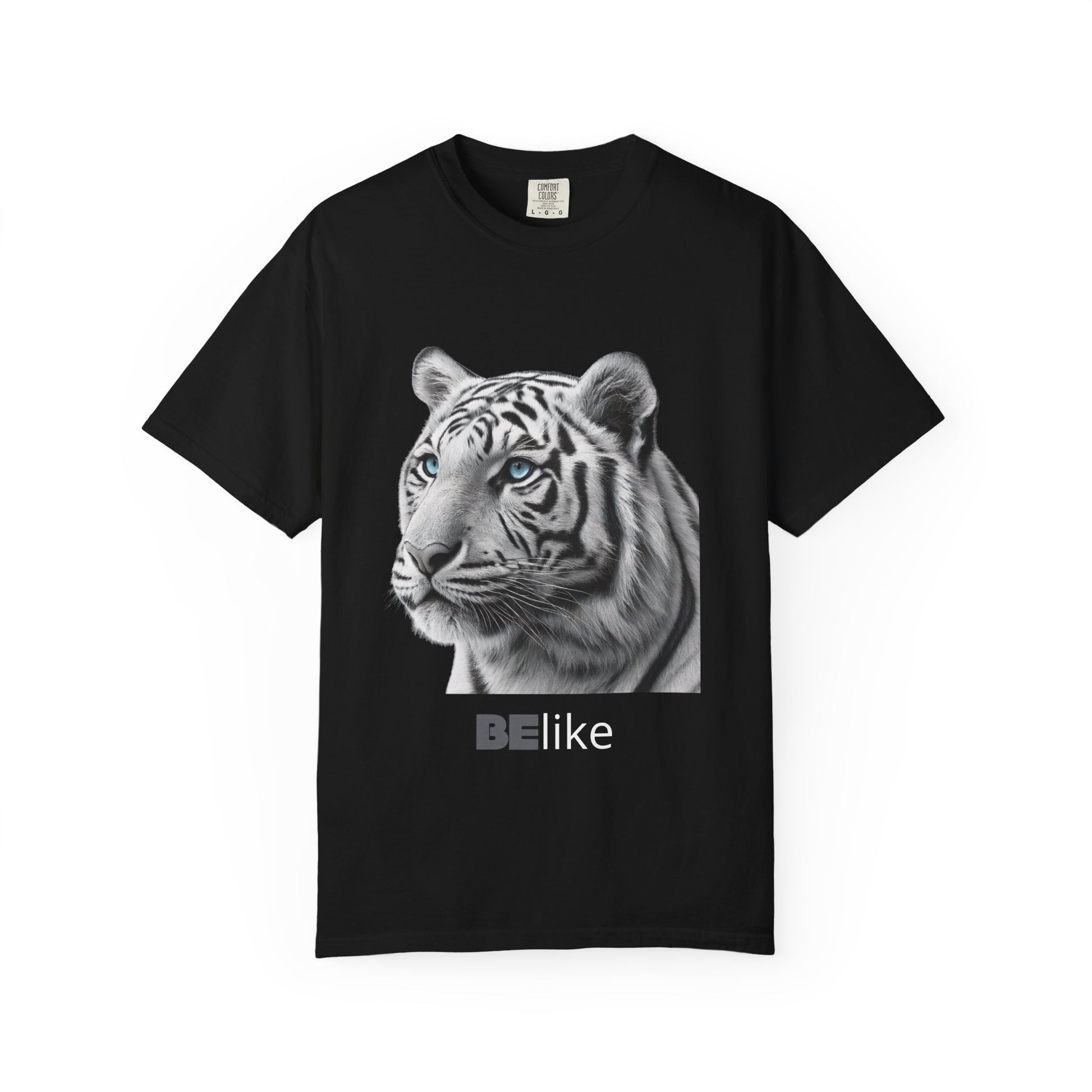 Minimalist white tiger design on black shirt