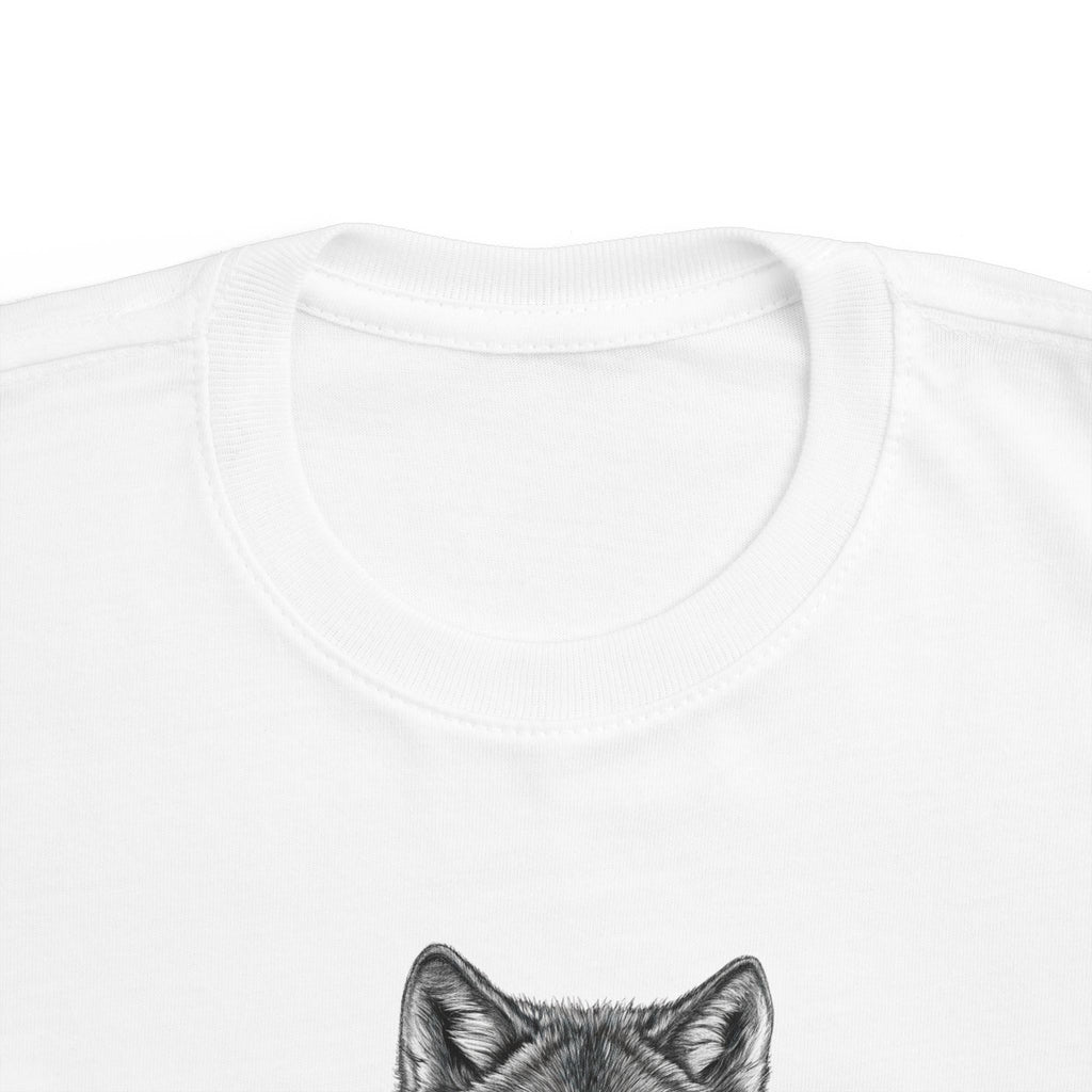 White Toddler T-shirt with Black Wolf Design Neck Close-up